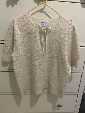 Old Navy Cream Open-Knit Short Sleeve Pullover with Tie Neck